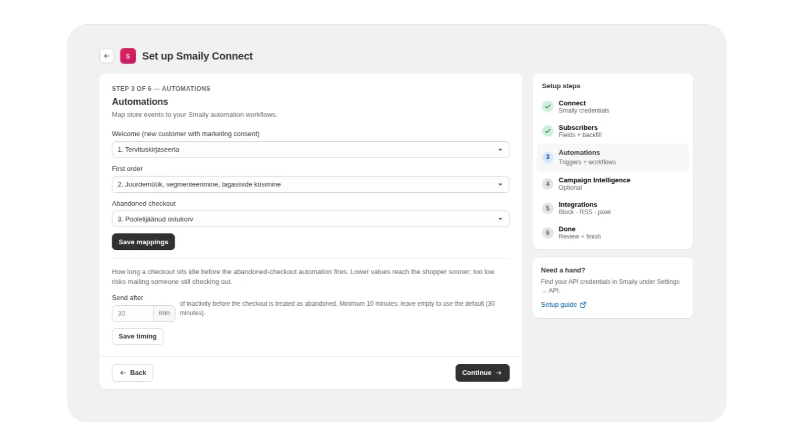 Step 3 of the setup wizard — the welcome, first-order and abandoned-checkout store events each mapped to a Smaily automation workflow, with the abandoned-checkout delay in minutes