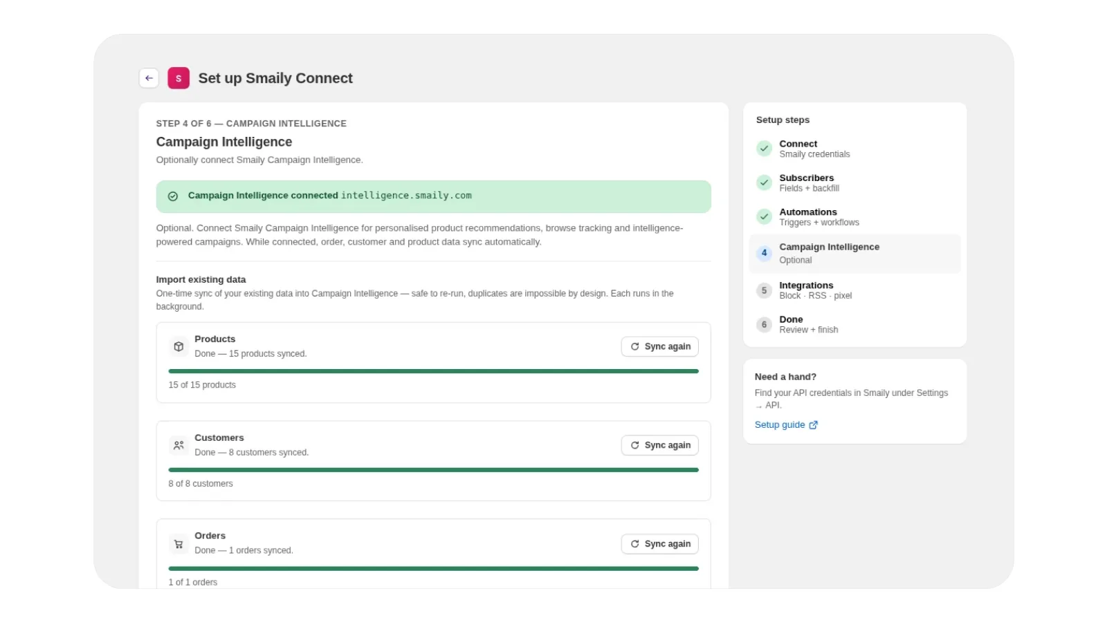 Step 4 of the setup wizard — Campaign Intelligence connected as an optional step, importing the store's existing products, customers and orders