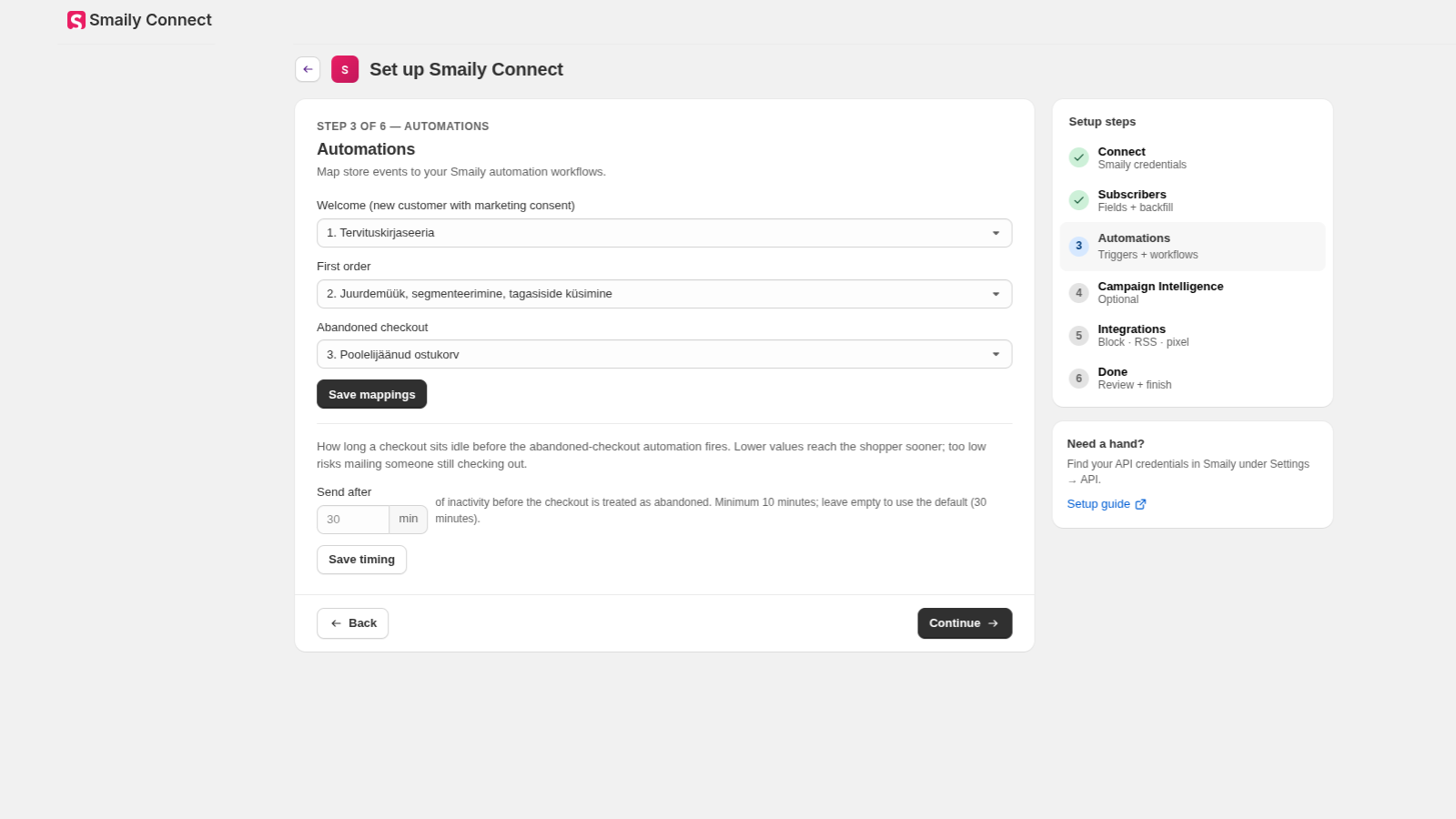 Setup wizard mapping store events to Smaily automation workflows